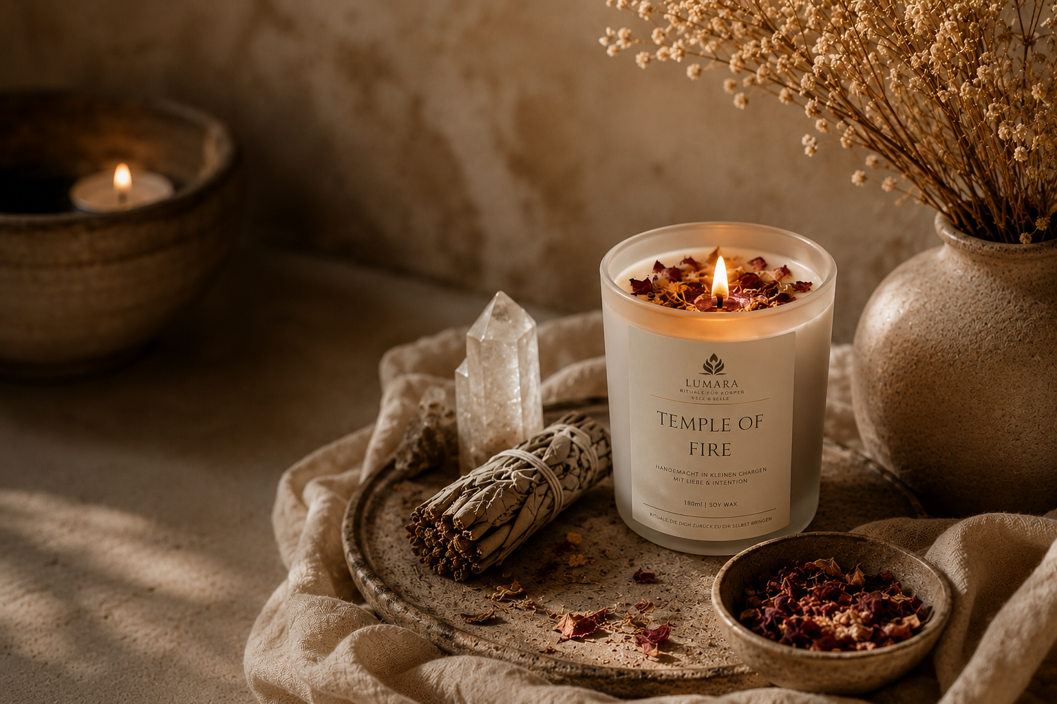 Handgemachte Ritualkerzen und spirituelle Produkte von Lumaras Seelenshop für Achtsamkeit, Ruhe und bewusste Momente