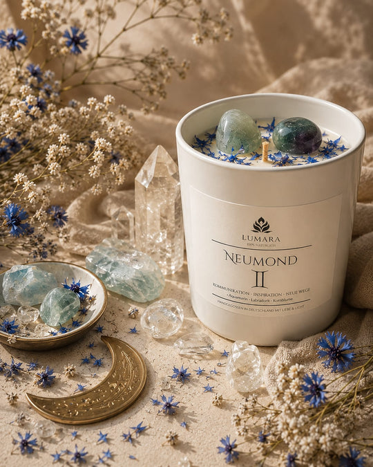 Lumara Neumond im Zwilling – Ritualkerze mit Aquamarin, Fluorit, Bergkristall &amp; Kornblume | handgegossen