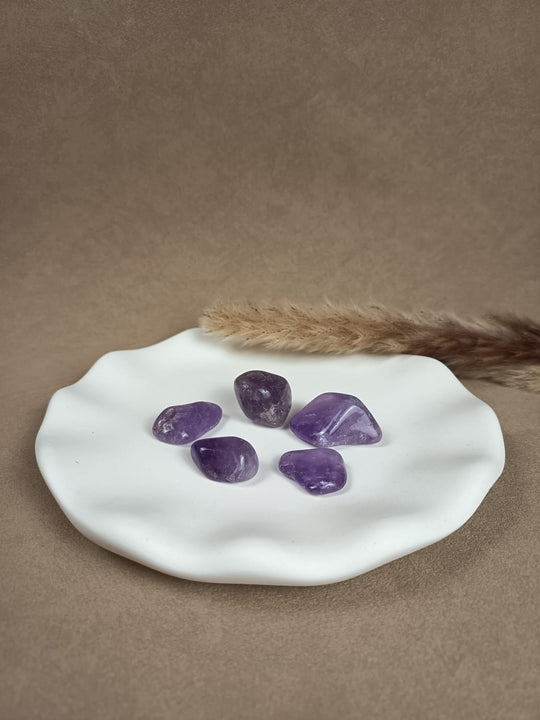 „Amethyst Trommelsteine in kräftigem Violett auf weißer Schale – Naturstein von LUMARA“