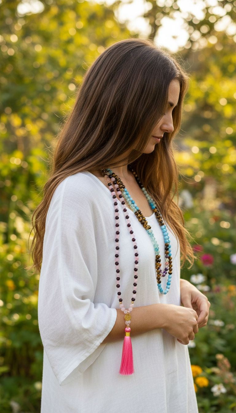 „Personalisierte Heilstein-Mala mit 216 Perlen und weißer Quaste – individuell abgestimmt nach Human Design von Katja Elsner“